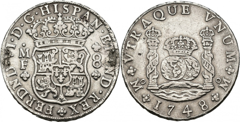 FERNANDO VI. 8 reales. 1748. México MI. AR 26,8 g. 38,6 mm. VI-356. Dos soldadur...