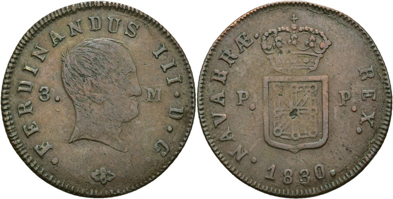 FERNANDO VII. 3 maravedís. 1830. Pamplona. Cu 4,17 g. 26 mm. VI-161. Punzón en r...