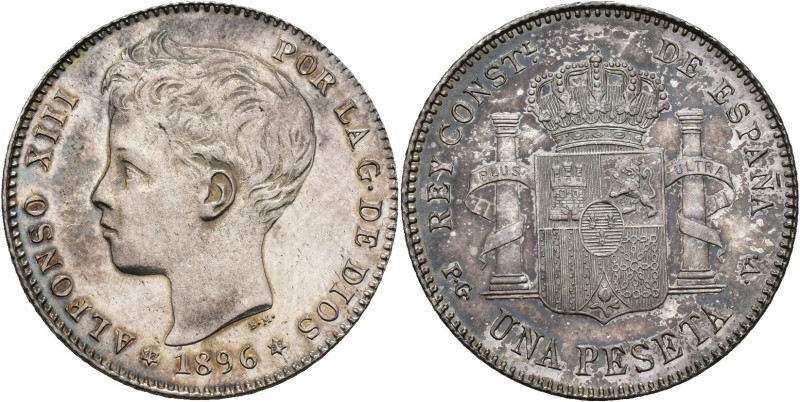 ALFONSO XIII. 1 peseta. 1896 *18-96. PGV. AR 5,01 g. 23 mm. VII-154. Ligeramente...