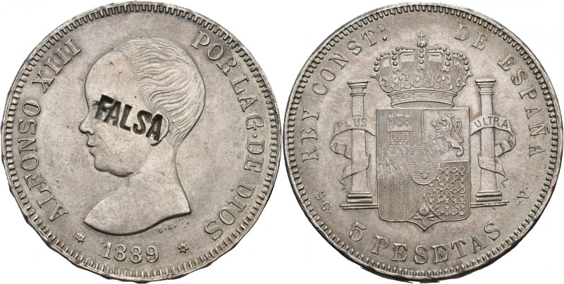 ALFONSO XIII. 5 pts. 1889*18-96. Madrid. SGV. Falsa de época en plata con resell...