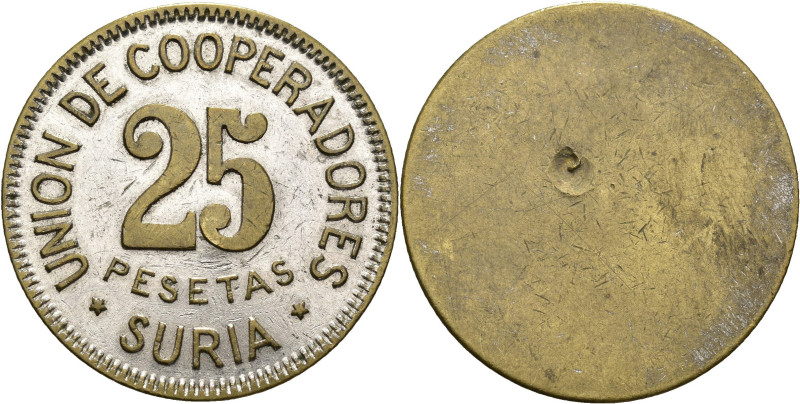 GUERRA CIVIL. Suria. Unión de cooperadores. Ficha. 25 pesetas. 13,48 g. 33,4 mm....