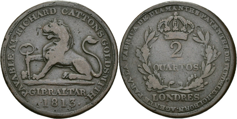 MONEDAS EXTRANJERAS. GIBRALTAR. 2 quartos. 1813. AE 7,75 g 28 mm. KM-Tu6. BC+.