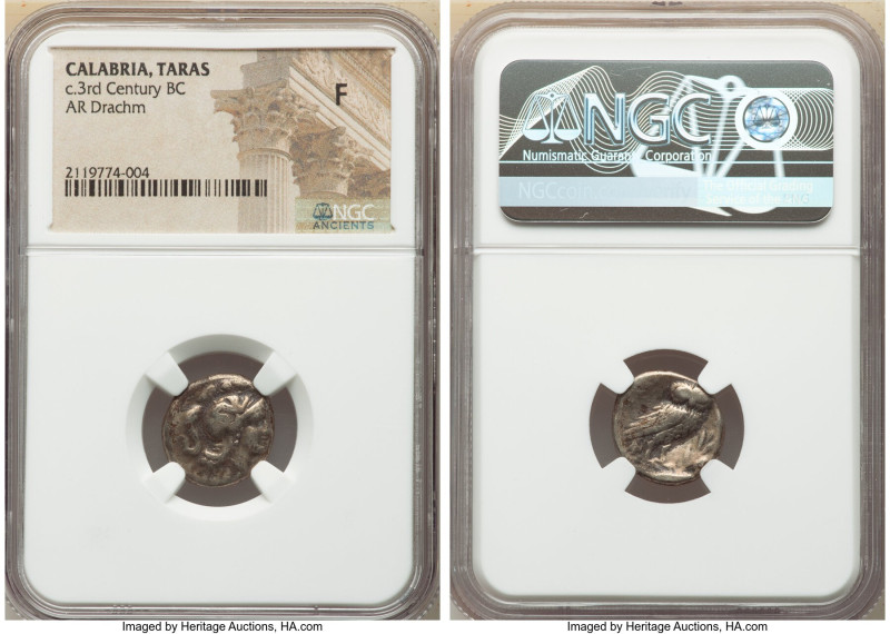 CALABRIA. Tarentum. Ca. early 3rd century BC. AR drachm (16mm, 1h). NGC Fine. Ca...