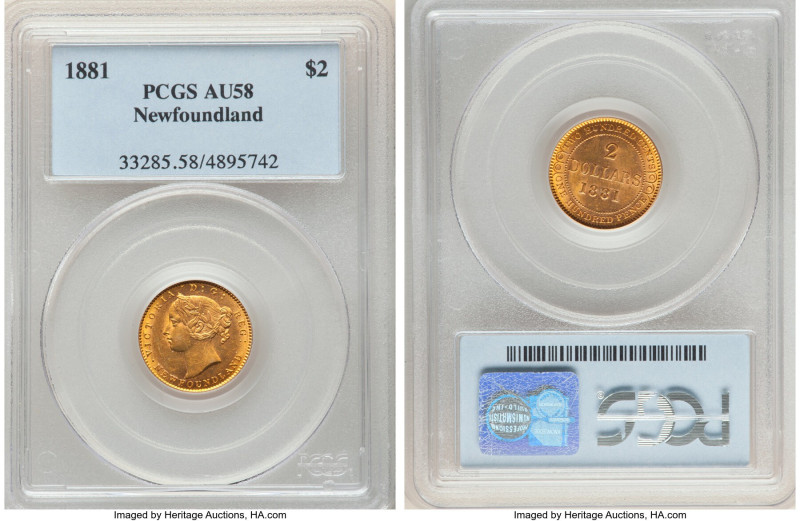 Newfoundland. Victoria gold 2 Dollars 1881 AU58 PCGS, London mint, KM5. Mintage:...