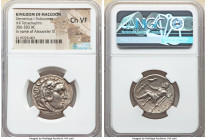 MACEDONIAN KINGDOM. Demetrius I Poliorcetes (306-283 BC). AR tetradrachm (25mm, 2h). NGC Choice VF scuff. Posthumous issue of Corinth in the name and ...