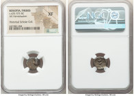 BOEOTIA. Federal Coinage. Ca. 425-375 BC. AR hemidrachm (13mm, 11h). NGC XF. Boeotian shield / ΘΕ-ΒΗ, kantharos; club right above, all within incuse s...