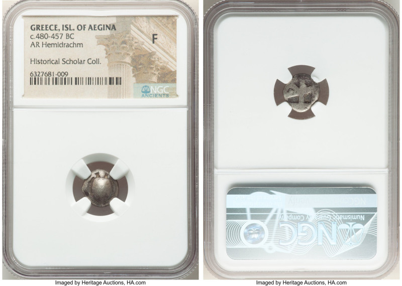 SARONIC ISLANDS. Aegina. Ca. 480-457 BC. AR hemidrachm (12mm). NGC Fine. Turtle ...