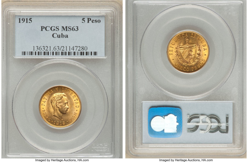 Republic gold 5 Pesos 1915 MS63 PCGS, Philadelphia mint, KM19. An attractive spe...