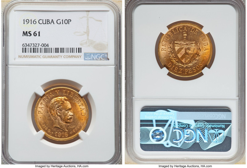 Republic gold 10 Pesos 1916 MS61 NGC, Philadelphia mint, KM20, Fr-3. Both sides ...