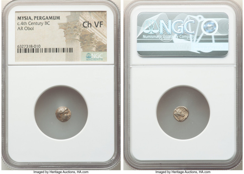 MYSIA. Pergamum. Ca. 4th century BC. AR obol (8mm, 11h). NGC Choice VF. Laureate...