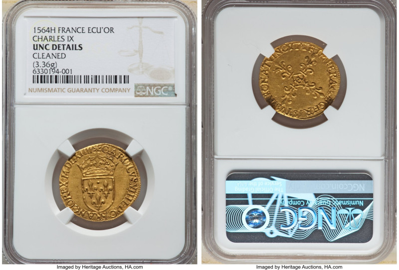 Charles IX Ecu d'Or au Soleil 1564-H UNC Details (Cleaned) NGC, La Rochelle mint...