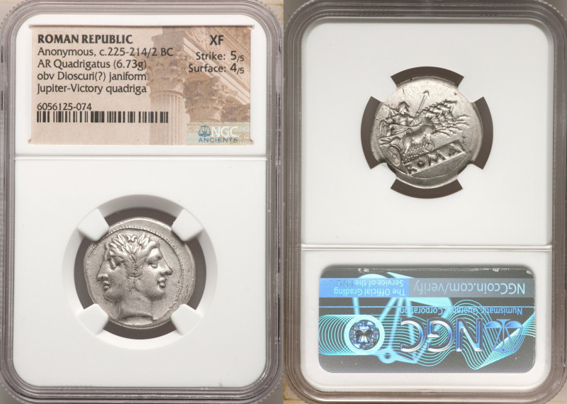 Anonymous. Ca. 225-214/2 BC. AR didrachm or quadrigatus (24mm, 6.73 gm, 5h). NGC...