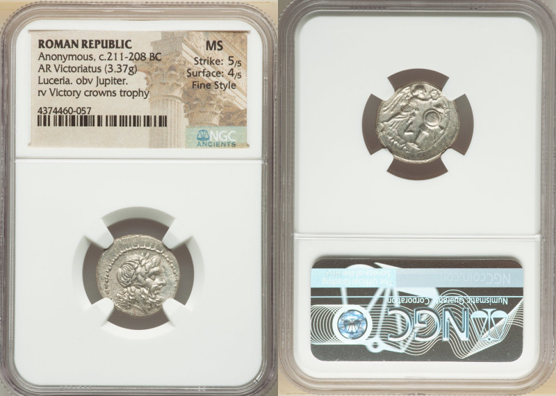 Anonymous. Ca. 211-208 BC. AR victoriatus (18mm, 3.37 gm, 7h). NGC MS 5/5 - 4/5,...