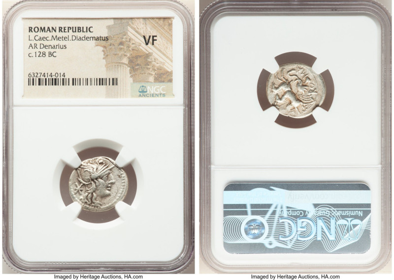 L. Caecilius Metellus Diadematus (ca. 128 BC). AR denarius (18mm, 2h). NGC VF. H...