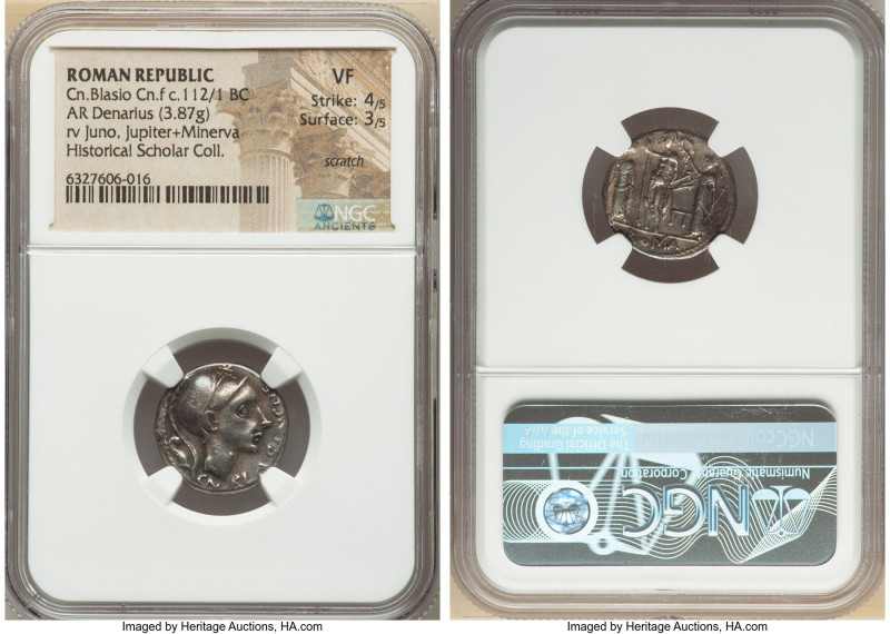 Cn. Blasio Cn. f. (ca. 112/1 BC). AR denarius (19mm, 3.87 gm, 7h). NGC VF 4/5 - ...