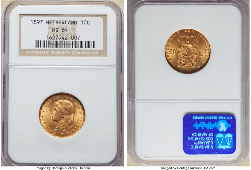 Wilhelmina gold 10 Gulden 1897 MS64 NGC, Utrecht mint, KM118. 

HID09801242017

...