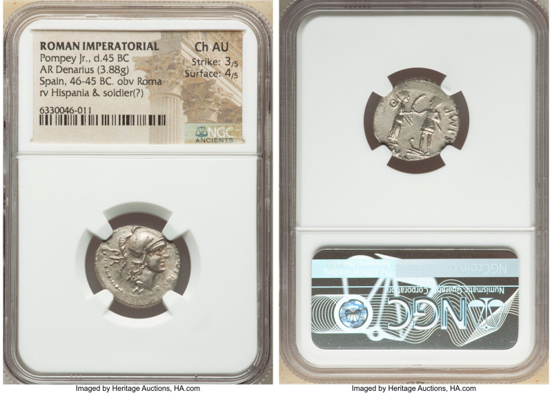 Cnaeus Pompeius Junior (46-45 BC). AR denarius (19mm, 3.88 gm, 7h). NGC Choice A...