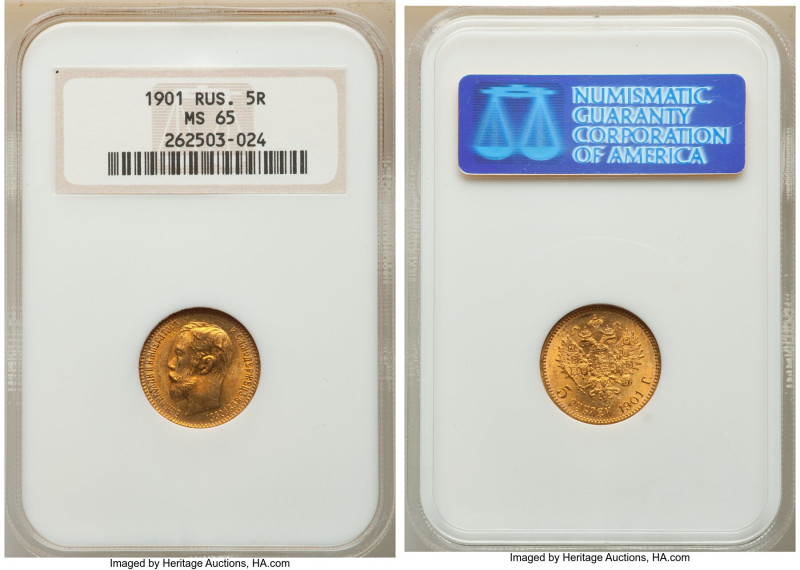 Nicholas II gold 5 Roubles 1901-ФЗ MS65 NGC, St. Petersburg mint, KM-Y62. A plea...