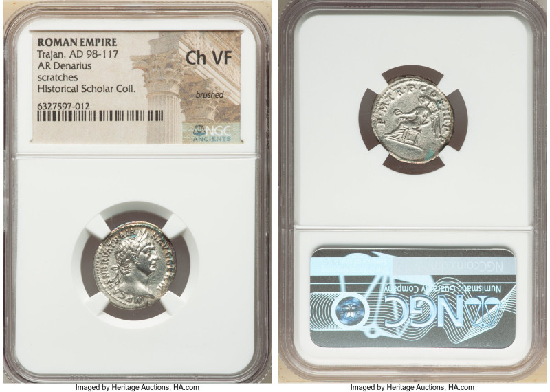 Trajan (AD 98-117). AR denarius (20mm, 7h). NGC Choice VF, brushed, scratches. R...