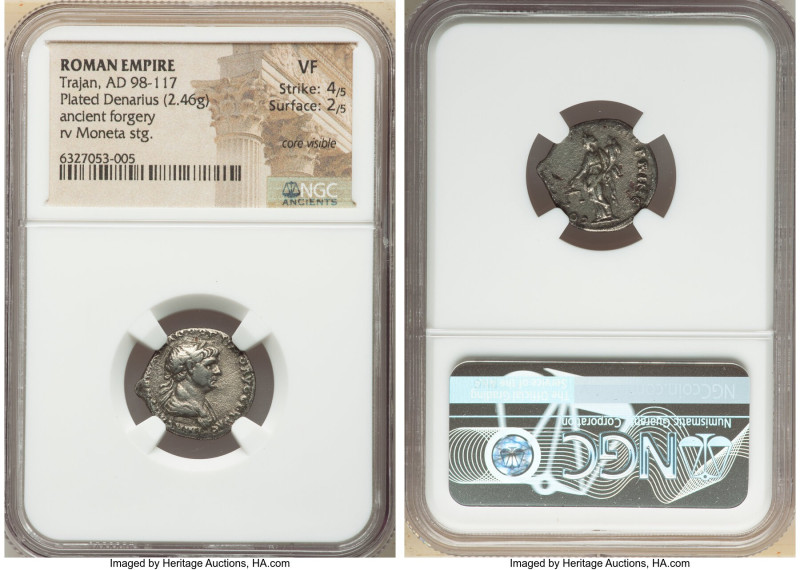 Trajan (AD 98-117). AR/AE fourrée denarius (18mm, 2.46 gm, 5h). NGC VF 4/5 - 2/5...