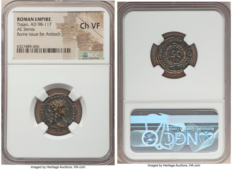 Trajan (AD 98-117). AE semis (20mm, 6h). NGC Choice VF. Issues struck in Rome fo...