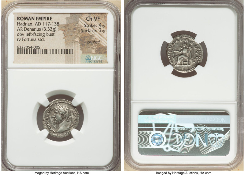 Hadrian (AD 117-138). AR denarius (19mm, 3.32 gm, 6h). NGC Choice VF 4/5 - 3/5, ...