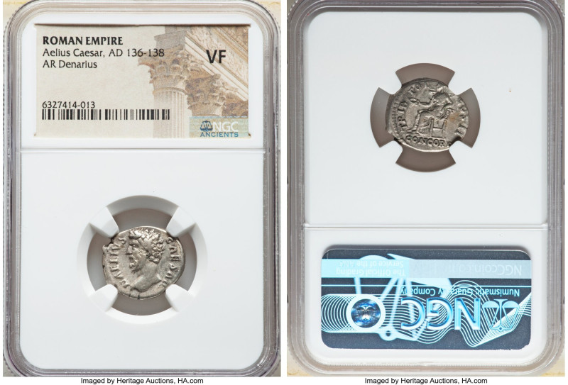 Aelius (AD 136-138). AR denarius (18mm, 6h). NGC VF. Rome, AD 137. L AELIVS-CAES...