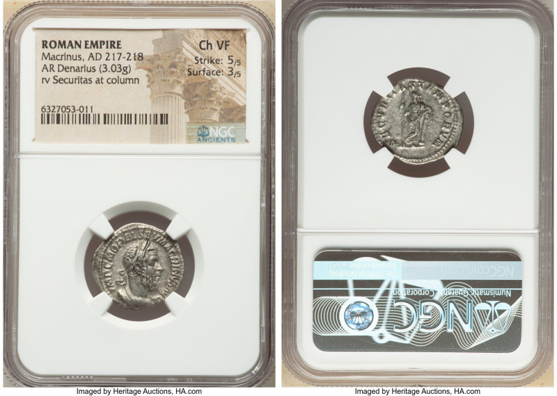 Macrinus (AD 217-218). AR denarius (20mm, 3.03 gm, 6h). NGC Choice VF 5/5 - 3/5....