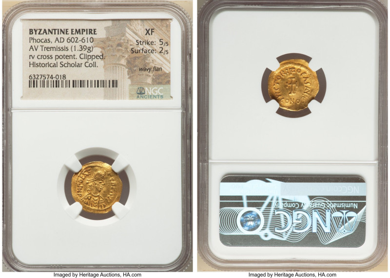 Phocas (AD 602-610). AV tremissis (16mm, 1.39 gm, 6h). NGC XF 5/5 - 2/5, wavy fl...