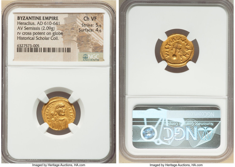 Heraclius (AD 610-641). AV semissis (17mm, 2.09 gm, 7h). NGC Choice VF 5/5 - 4/5...