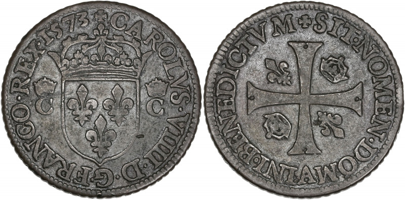 Charles IX - Piéfort de poids quadruple du douzain aux deux C 1er type 1573 (Par...