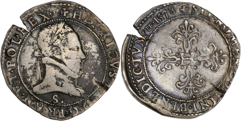 Henri III - Franc au col plat 1578 S (Troyes)

Argent - 13,84 grs - 35 mm
Dy.113...