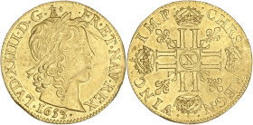 Louis XIV - Louis d'or à la mèche longue 1653 X (Amiens)

Or - 6,76 grs - 24 mm
G.245
SUP
R

Assez rare et superbe exemplaire ! Une rayure sur le visa...
