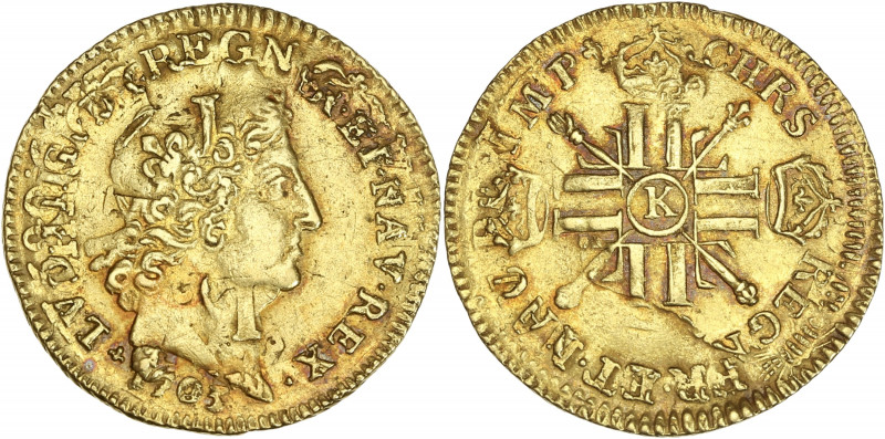Louis XIV - Louis d'or aux 8 L et aux insignes 1703 K (Bordeaux)
Flan réformé.

...