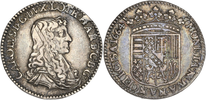 Duché de Lorraine, Charles IV - 1/2 teston 1664 (Nancy)

Argent - 4,28 grs - 23 ...