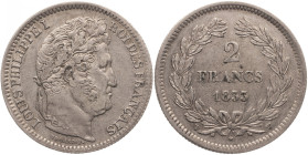 Louis-Philippe tête laurée - 2 Francs 1833 W (Lille) 

Argent - 9,92 grs - 27 mm
F.260-28 / G.520
Beau TTB
R

Exemplaire agréable.
