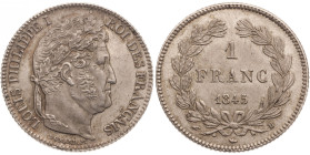 Louis-Philippe tête laurée - 1 franc 1845 B (Rouen) 

Argent - 4,95 grs - 23 mm
F.210-101 / G.453
SUP+

Bel exemplaire avec une agréable patine grise ...