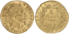Napoléon III tête laurée - 5 francs 1866 BB (Strasbourg)
Coque PCGS : 43476926

Or - 1,62 grs - 17 mm
F.502-10 / G.1002
SPL+ / MS65

Monnaie gradée pa...
