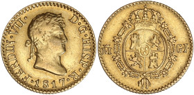 Espagne, Ferdinand VII - 1/2 escudo or 1817 (Madrid)

Or - 1,76 grs - 14,5 mm
AC.1486
TTB-

Exemplaire agréable d'aspect légèrement brillant.