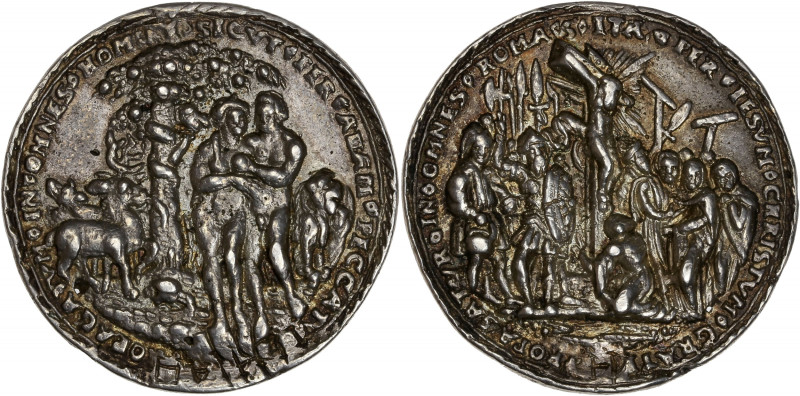 Adam et Eve et Crucifixion - Médaille argent (sans doute 16ème siècle)
A/ Adam e...