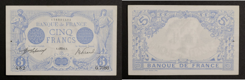 France - 5 francs Bleu 4 octobre 1915
Alphabet G.7080 / Numéro 482

F.02.32
SUP ...