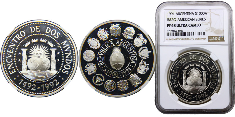 Argentina Federal Republic 1000 Australes 1991 Santiago mint(Mintage 5000) Ibero...