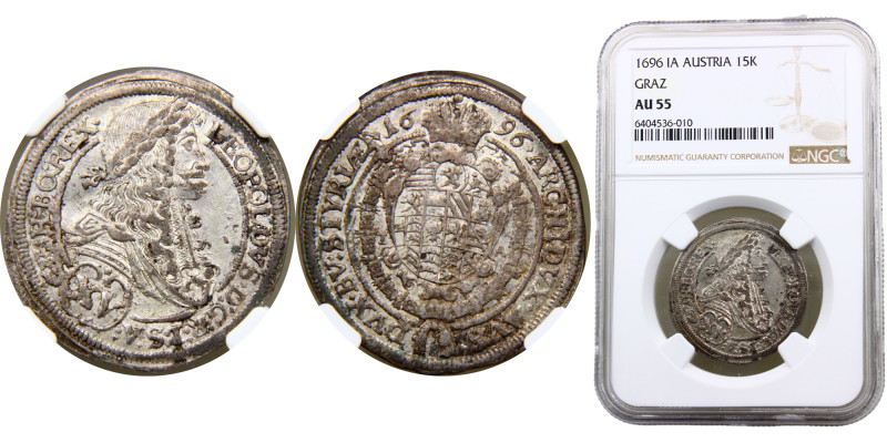 Austria Holy Roman Empire Leopold I 15 Kreuzer 1696 IA Graz mint Silver NGC AU55...