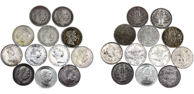 Austria Austro-Hungarian Empire Franz Joseph I 1 Corona 1848-1916 12 Lots Silver...