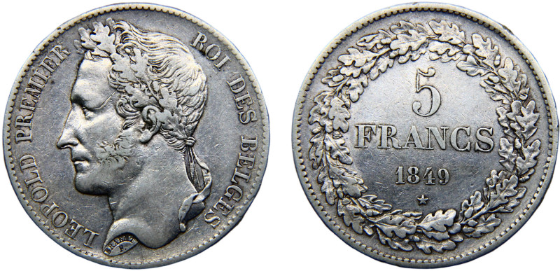 Belgium Kingdom Leopold I 5 Francs 1849 Brussels mint Scratches Silver XF 24.9g ...