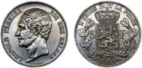 Belgium Kingdom Leopold I 5 Francs 1851 Brussels mint Silver XF 25g KM# 17