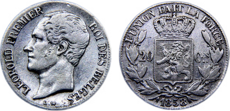 Belgium Kingdom Leopold I 20 Centimes 1858 Brussels mint Silver XF 1g KM# 19