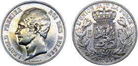Belgium Kingdom Leopold I 5 Francs 1865 Brussels mint Silver VF 24.8g KM# 17
