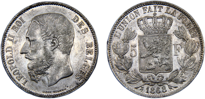 Belgium Kingdom Leopold II 5 Francs 1868 Brussels mint small head Silver UNC 25g...