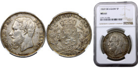 Belgium Kingdom Leopold II 5 Francs 1869 Brussels mint small head Silver NGC MS61 KM# 24